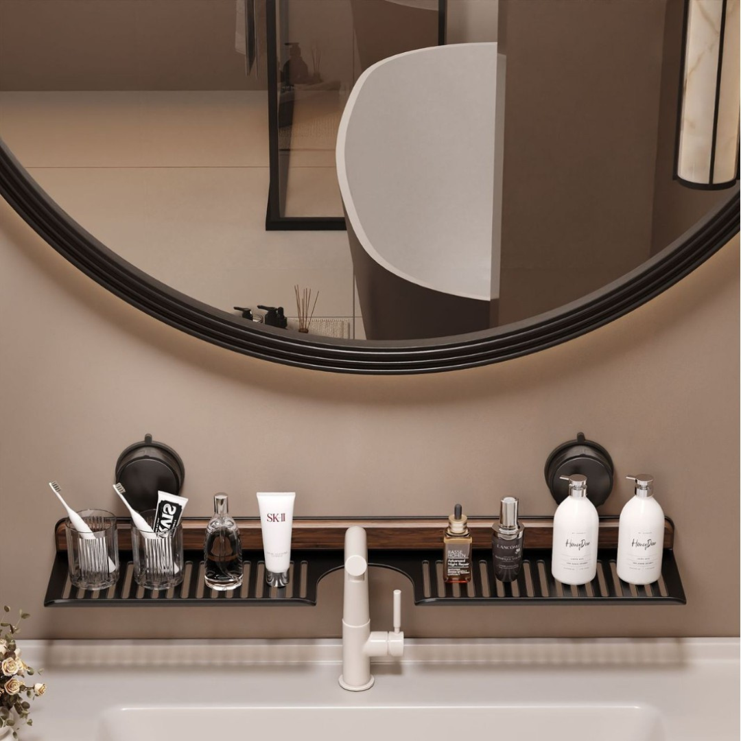Bathroom Suction Cup Sink Shelf in Walnut Design
