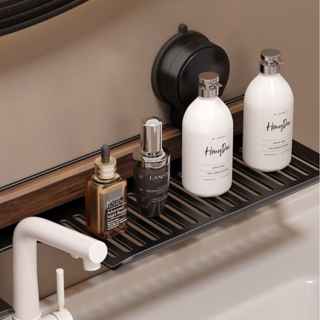 Bathroom Suction Cup Sink Shelf in Walnut Design