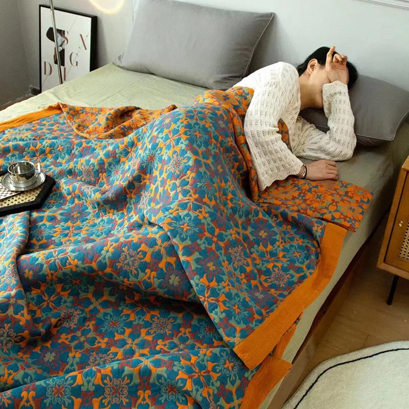 Blue Patterned Six-Layer Cotton Quilt – TerraLoom Comfort Blanket