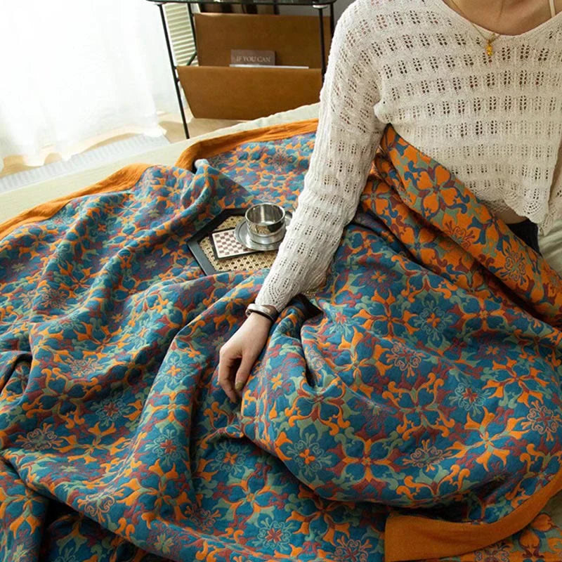 Blue Patterned Six-Layer Cotton Quilt – TerraLoom Comfort Blanket