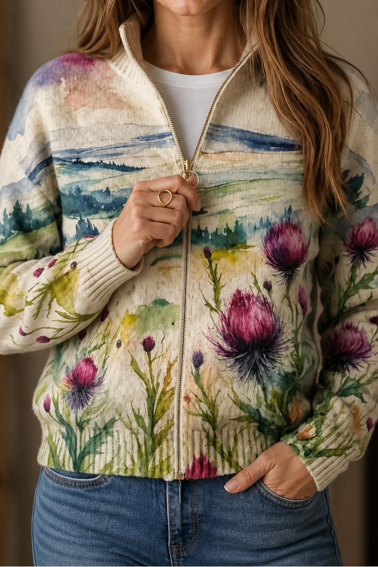 Botanical Print Zip-Up Bomber Cardigan