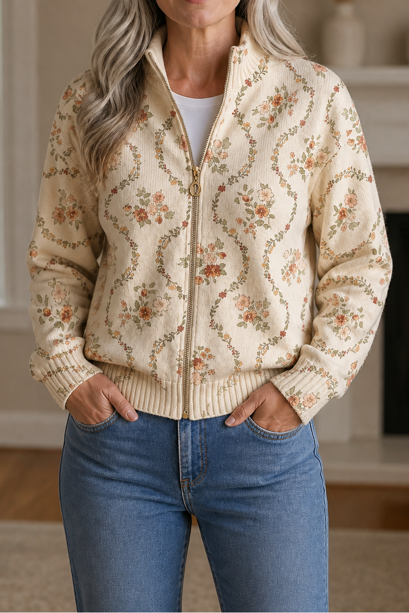 Botanical Print Zip-Up Bomber Cardigan