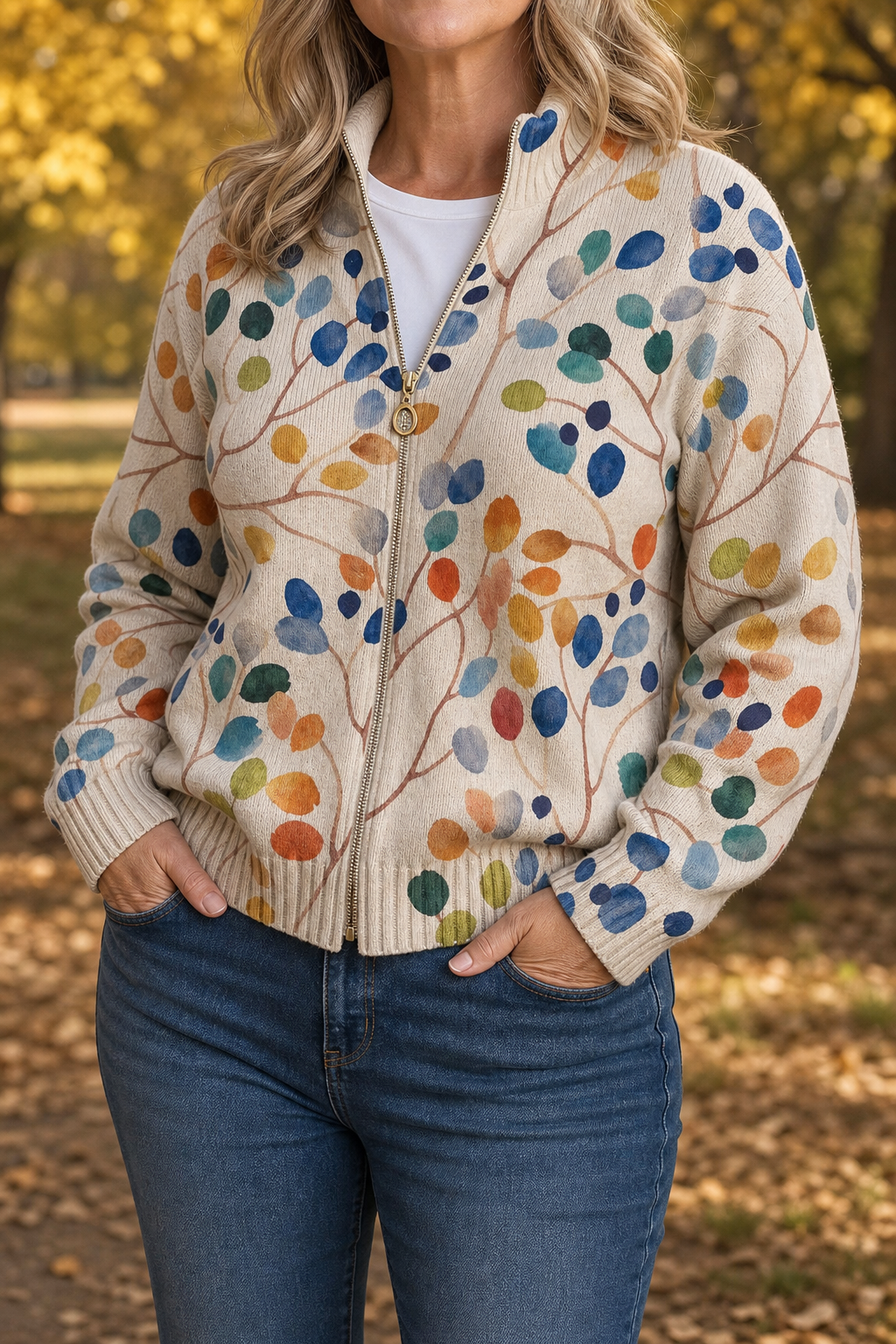 Botanical Print Zip-Up Bomber Cardigan