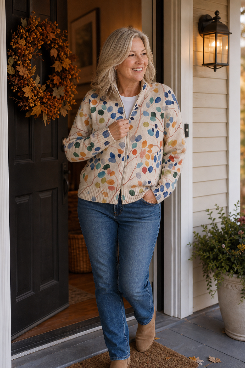 Botanical Print Zip-Up Bomber Cardigan