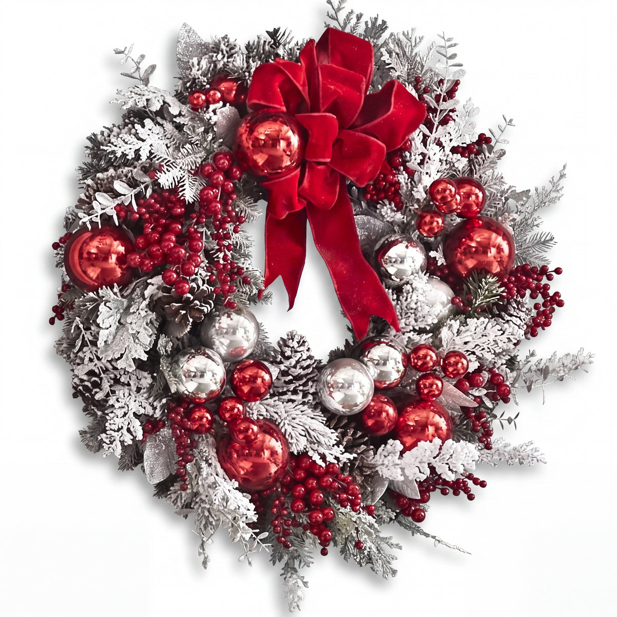 Christmas Wreath with Baubles - Snowy Door Decoration with Red Bow