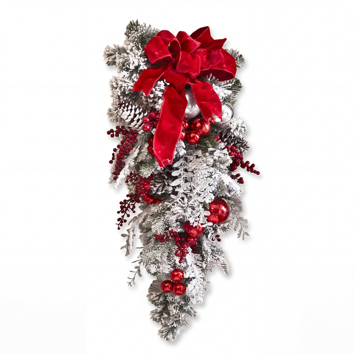 Christmas Wreath with Baubles - Snowy Door Decoration with Red Bow