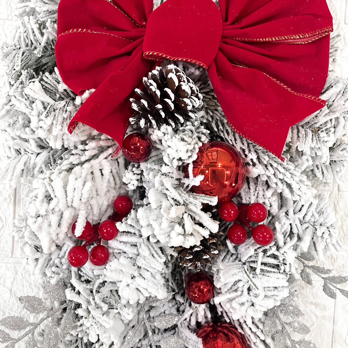 Christmas Wreath with Baubles - Snowy Door Decoration with Red Bow