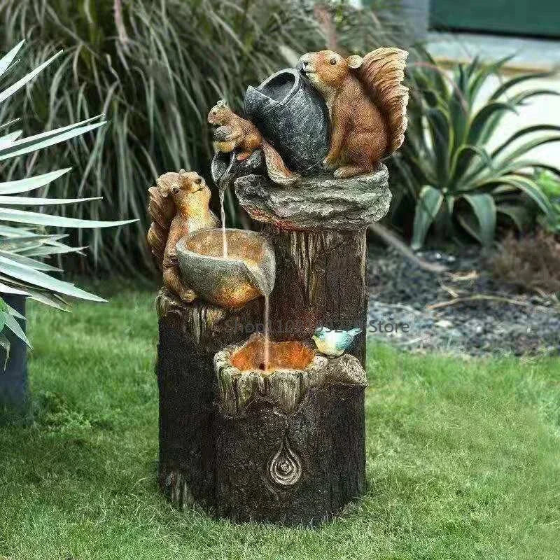 Closora | Lunaverde Solar Deco Fountain Duck & Squirrel | Garden Figure with LED Light | Weatherproof Resin | For Terrace & Balcony