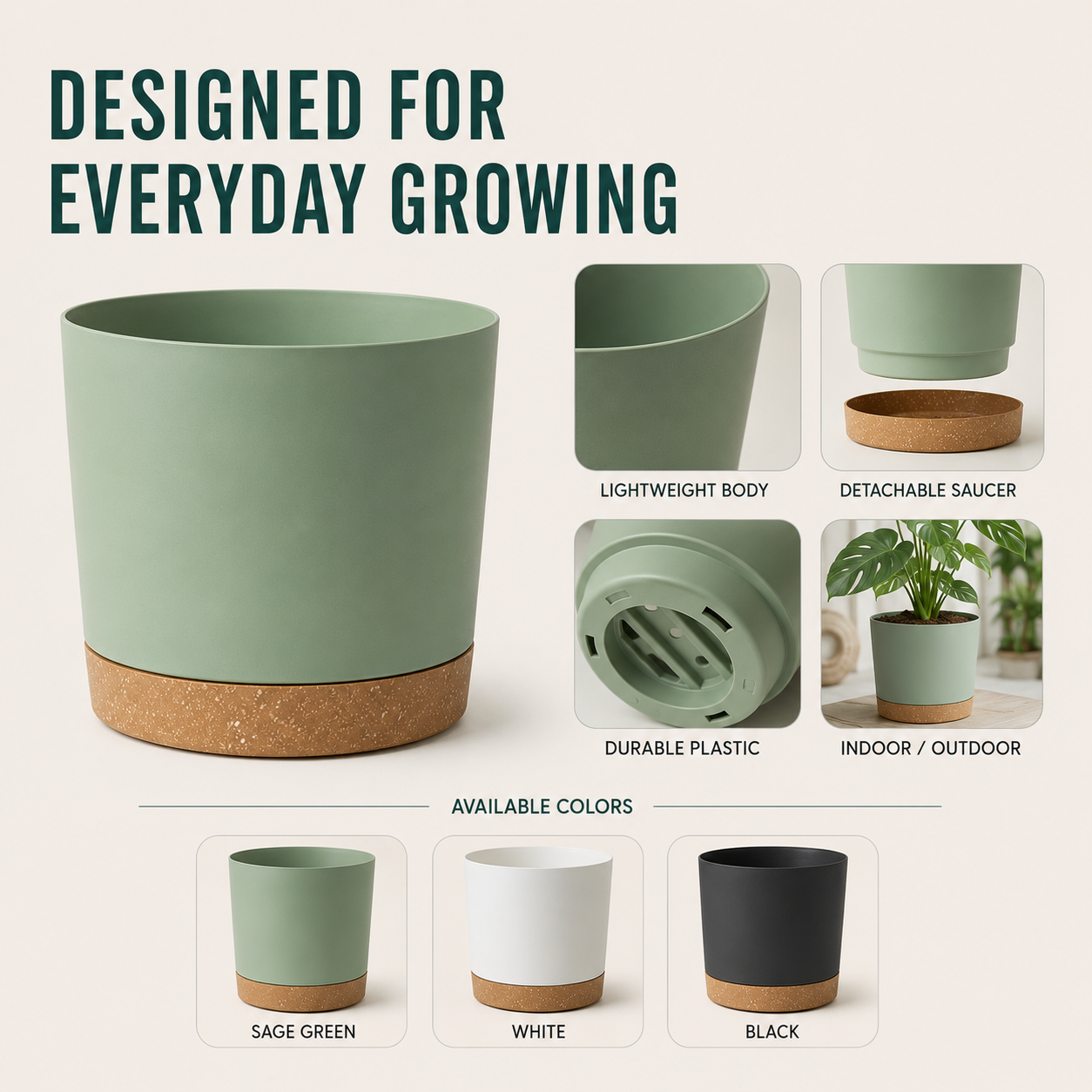 Closora | Verdara Large Lightweight Pot With Drainage Holes