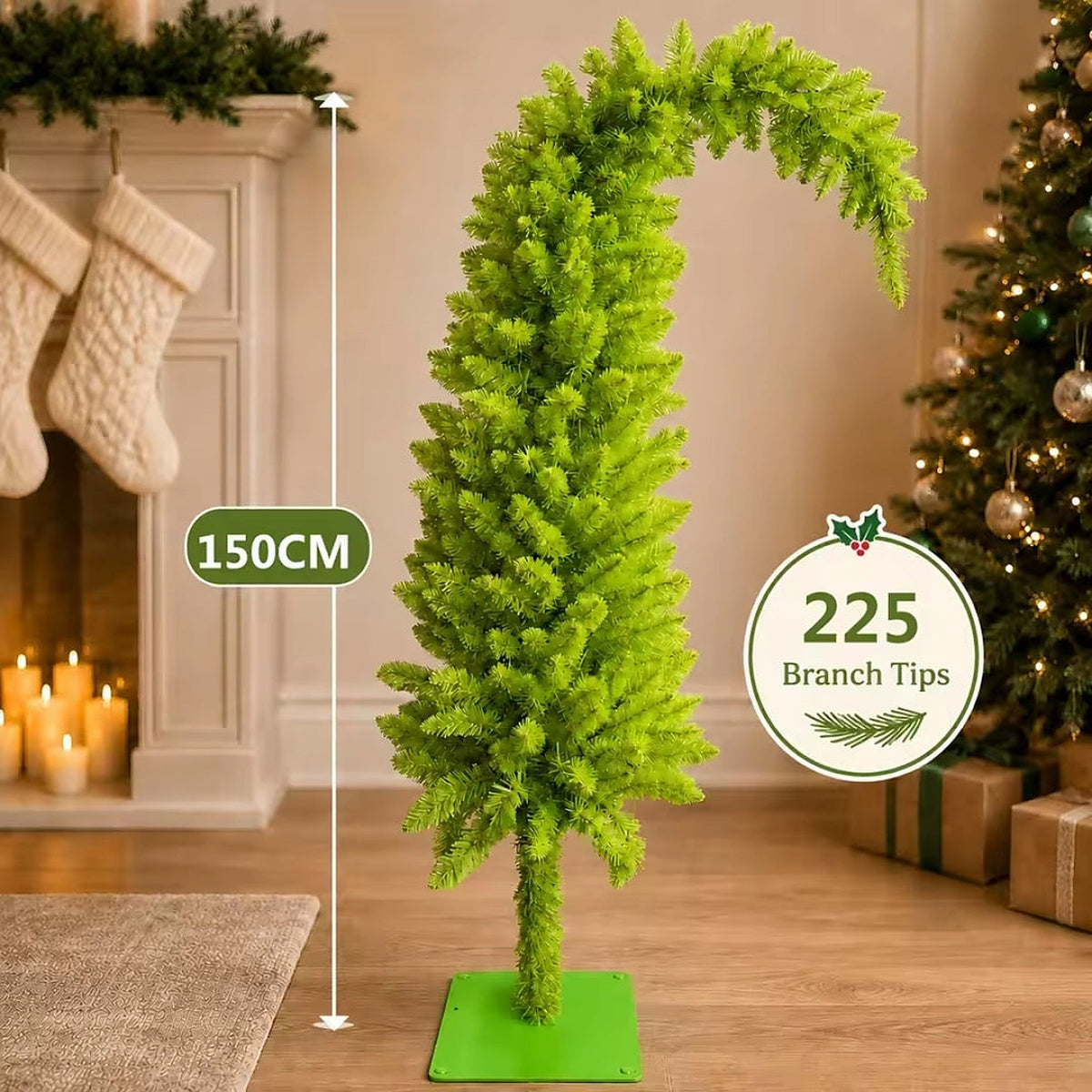 Curved Christmas Tree - Slim Whimsical Design with Full Branches and Metal Stand