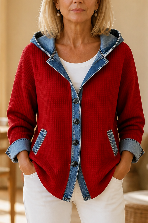Denim Patchwork Hooded Cardigan