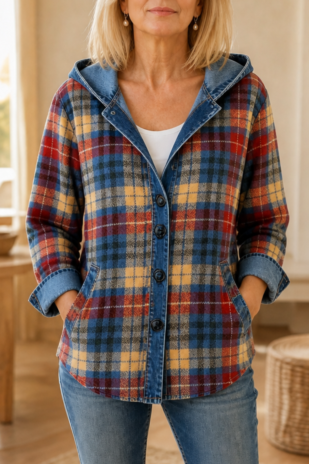 Denim Patchwork Hooded Cardigan
