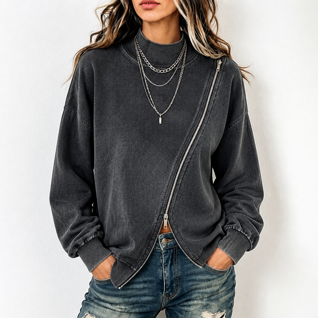 Diagonal Zip Drop-Shoulder Sweatshirt Jacket