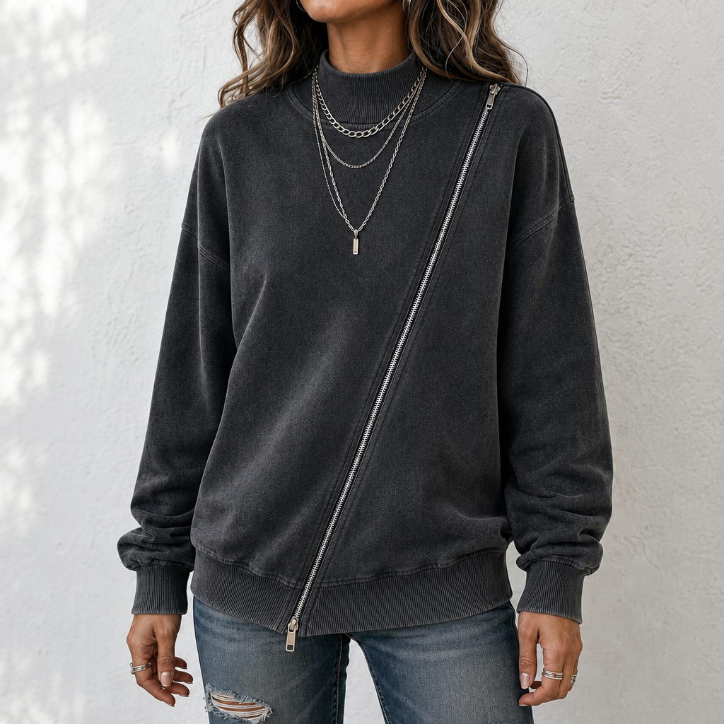 Diagonal Zip Drop-Shoulder Sweatshirt Jacket