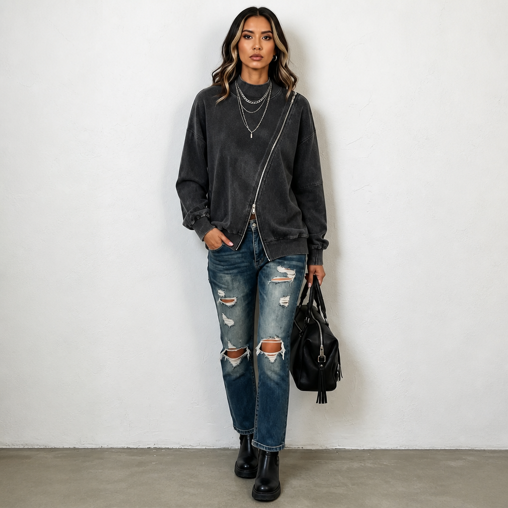Diagonal Zip Drop-Shoulder Sweatshirt Jacket