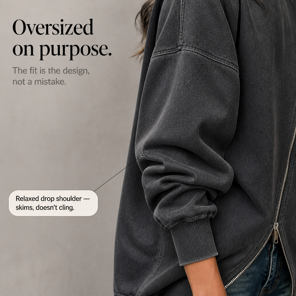 Diagonal Zip Drop-Shoulder Sweatshirt Jacket
