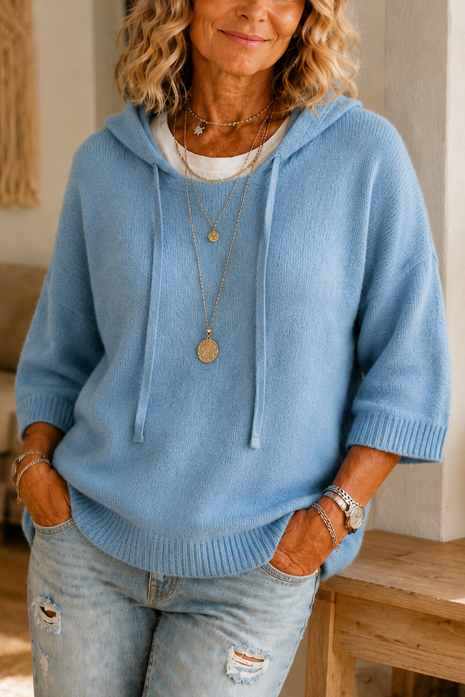 Distressed Open-Knit Drawstring Hoodie