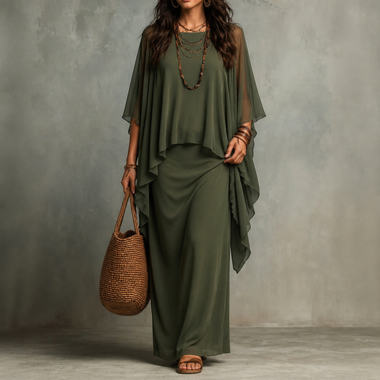 Draped Cape Sleeve Asymmetric Hem Maxi Dress