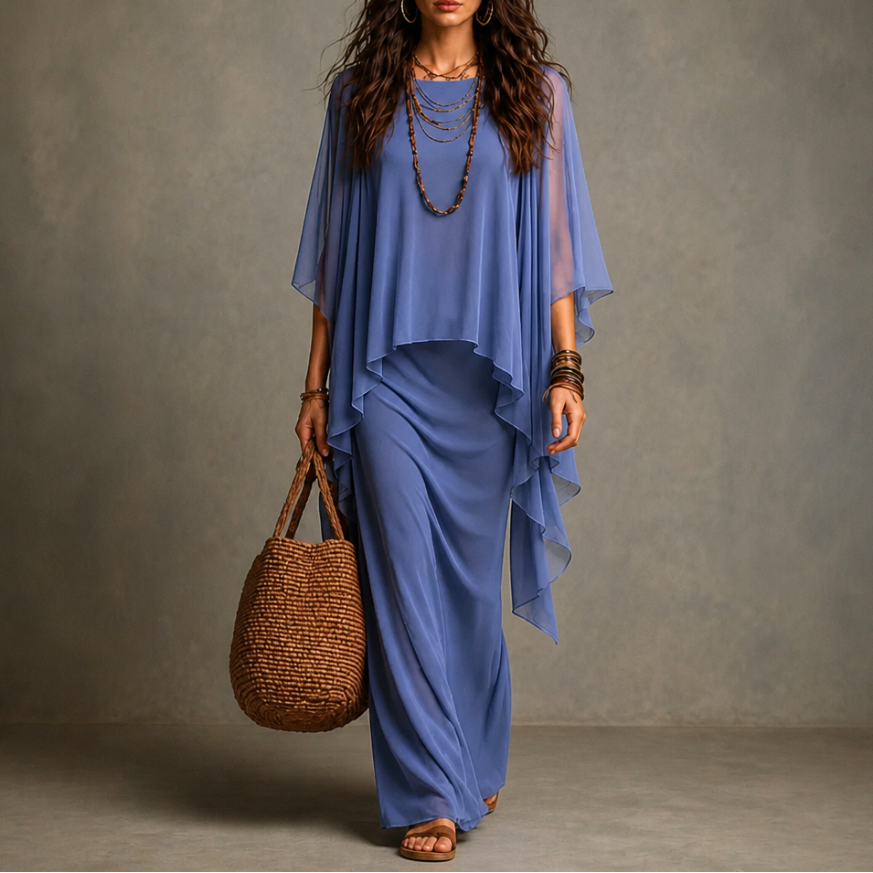 Draped Cape Sleeve Asymmetric Hem Maxi Dress