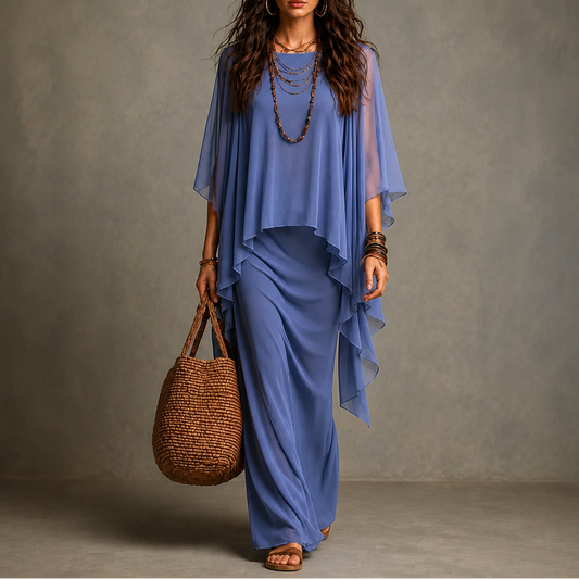 Draped Cape Sleeve Asymmetric Hem Maxi Dress