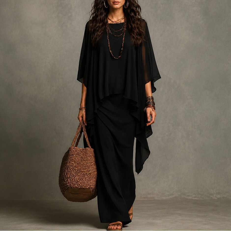 Draped Cape Sleeve Asymmetric Hem Maxi Dress