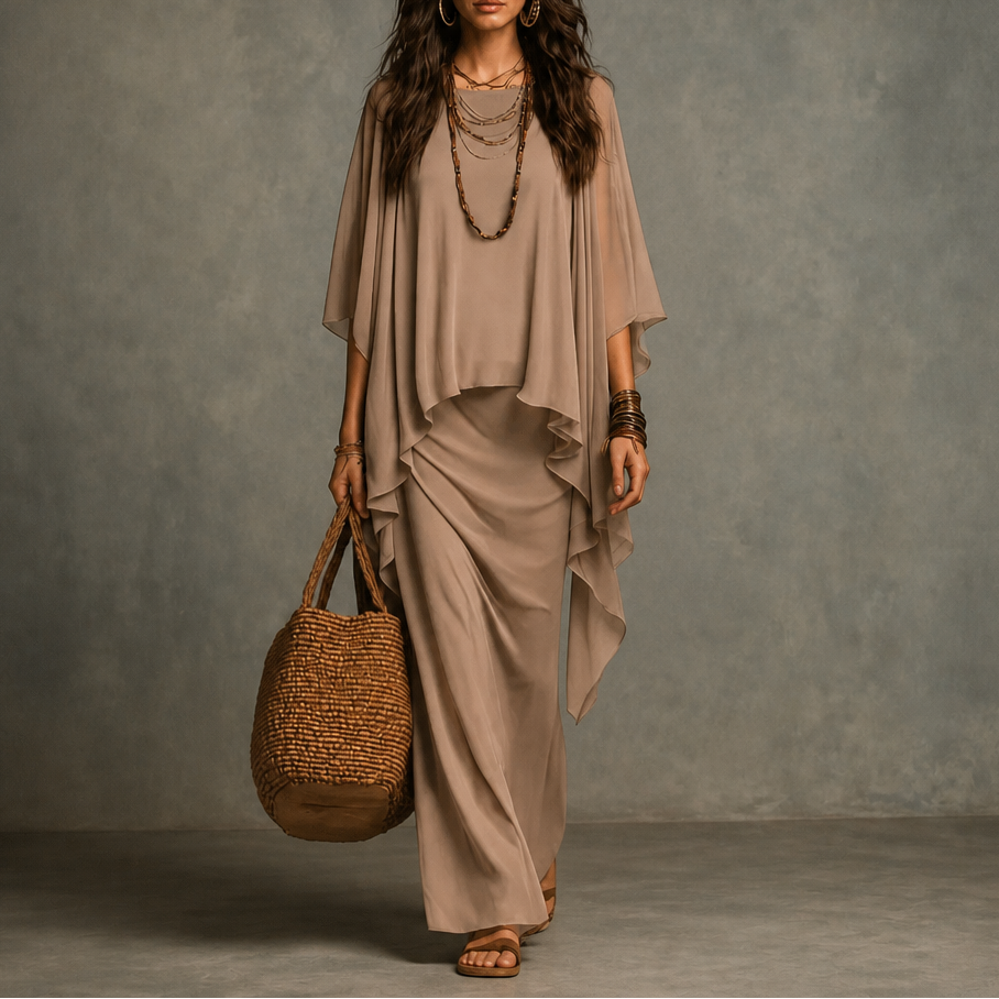 Draped Cape Sleeve Asymmetric Hem Maxi Dress