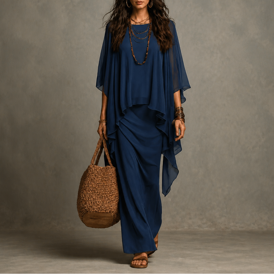 Draped Cape Sleeve Asymmetric Hem Maxi Dress
