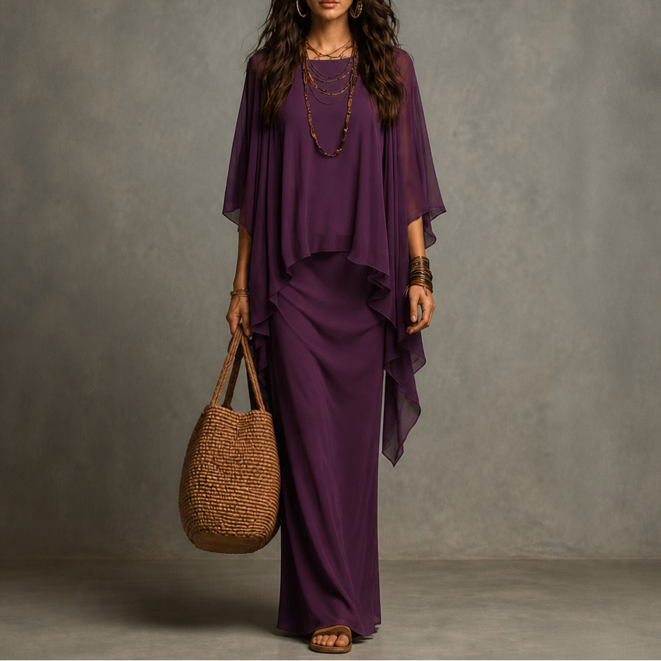 Draped Cape Sleeve Asymmetric Hem Maxi Dress