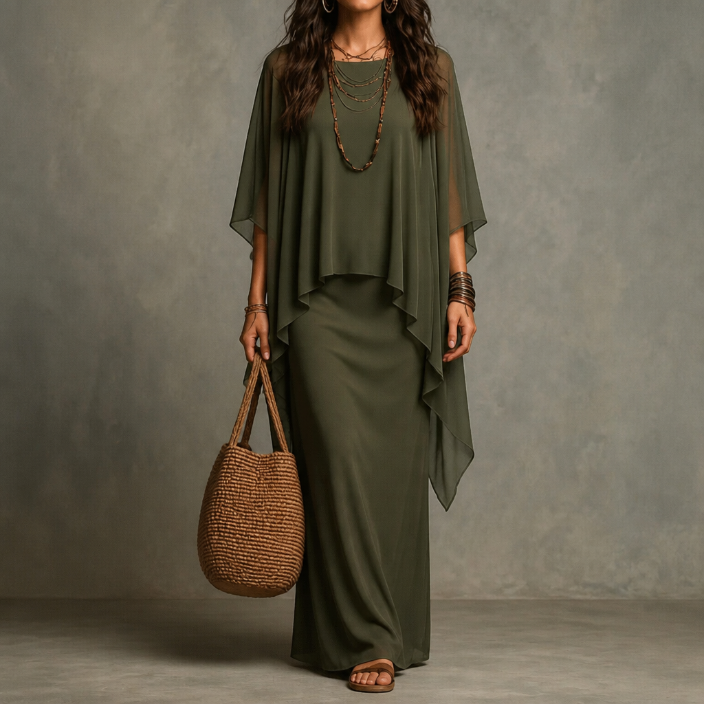 Draped Cape Sleeve Asymmetric Hem Maxi Dress