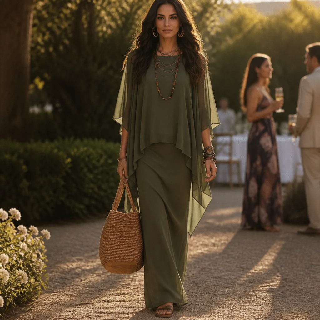Draped Cape Sleeve Asymmetric Hem Maxi Dress