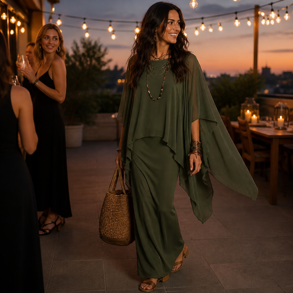 Draped Cape Sleeve Asymmetric Hem Maxi Dress