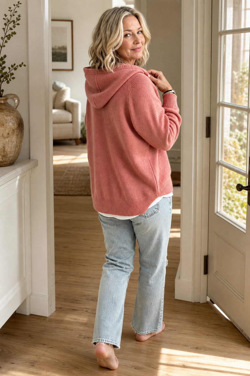 Drawstring Hood Ribbed Knit Pullover