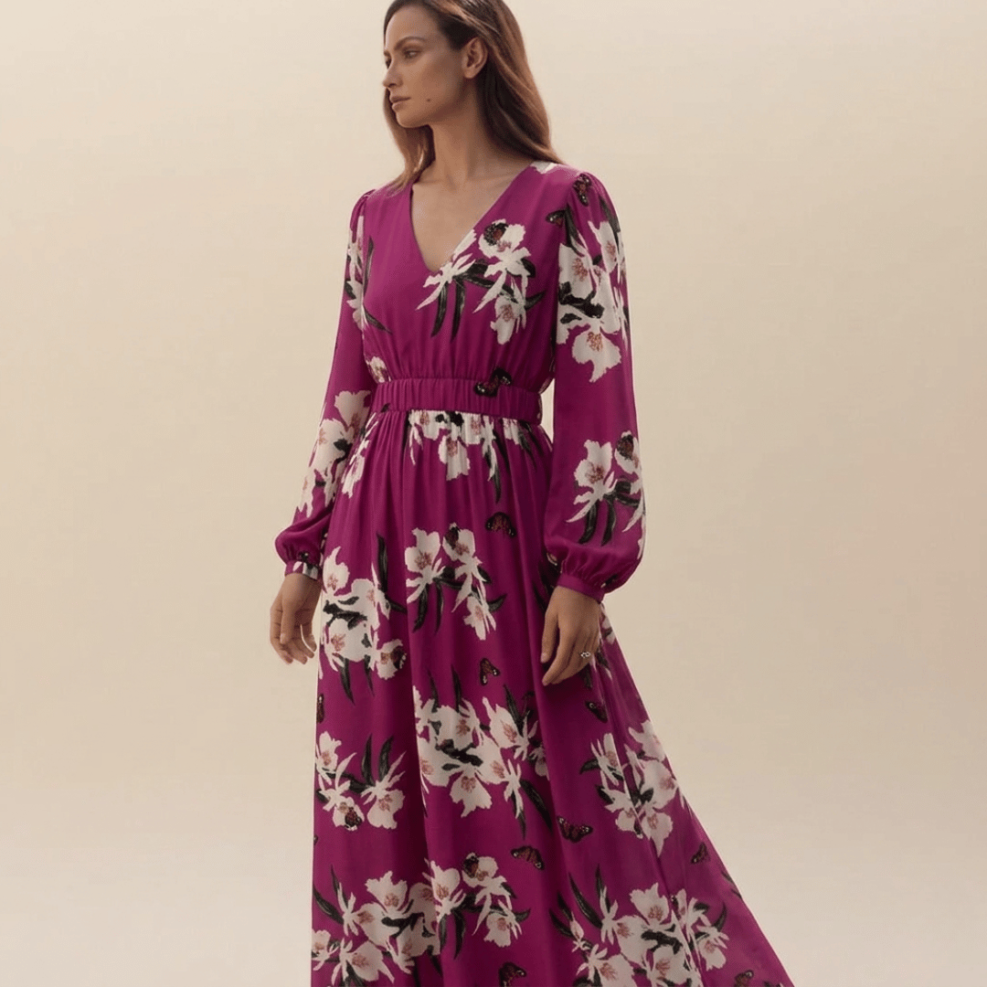 Elegant Floral Long Sleeve Wrap Maxi Dress - Image 1