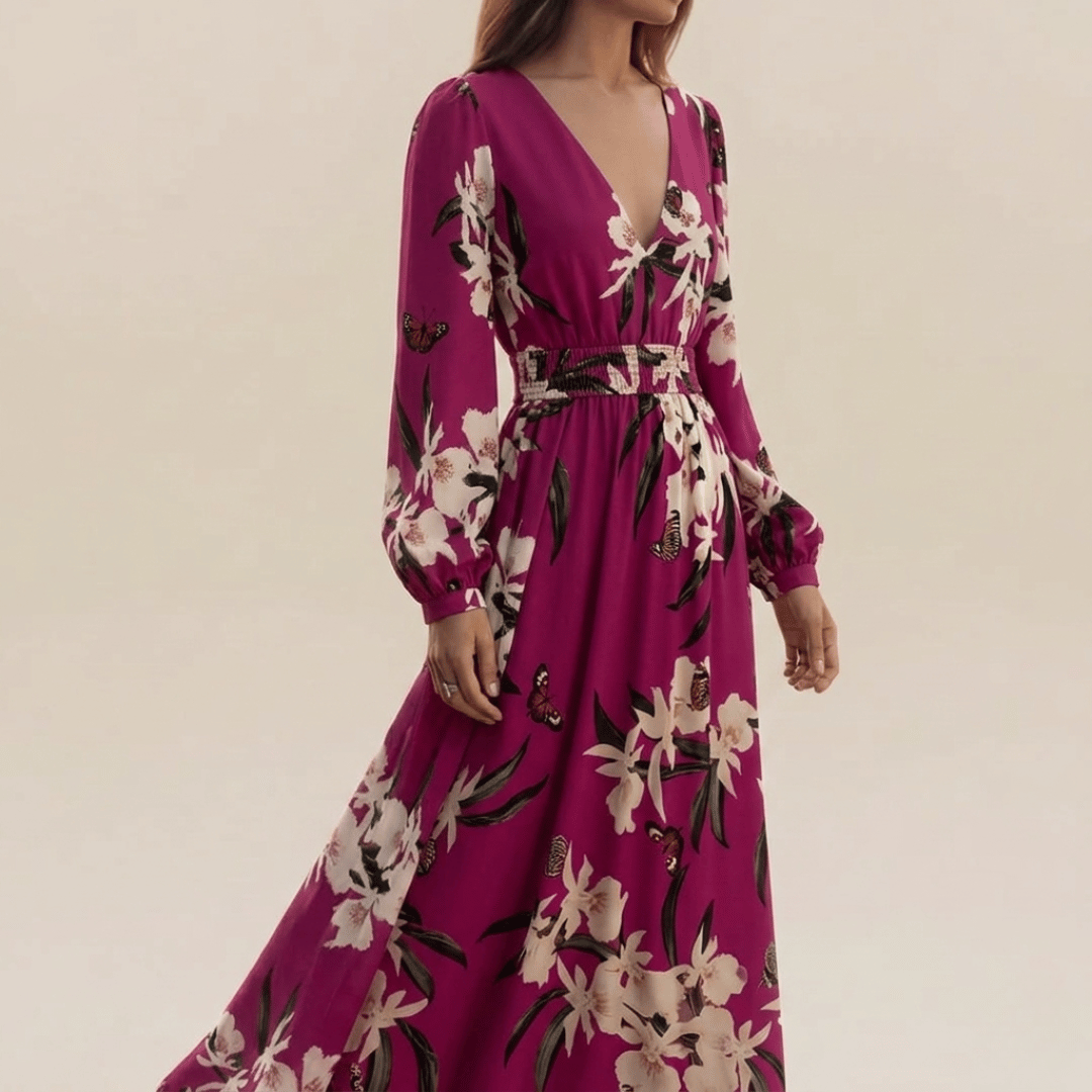 Elegant Floral Long Sleeve Wrap Maxi Dress - Image 2