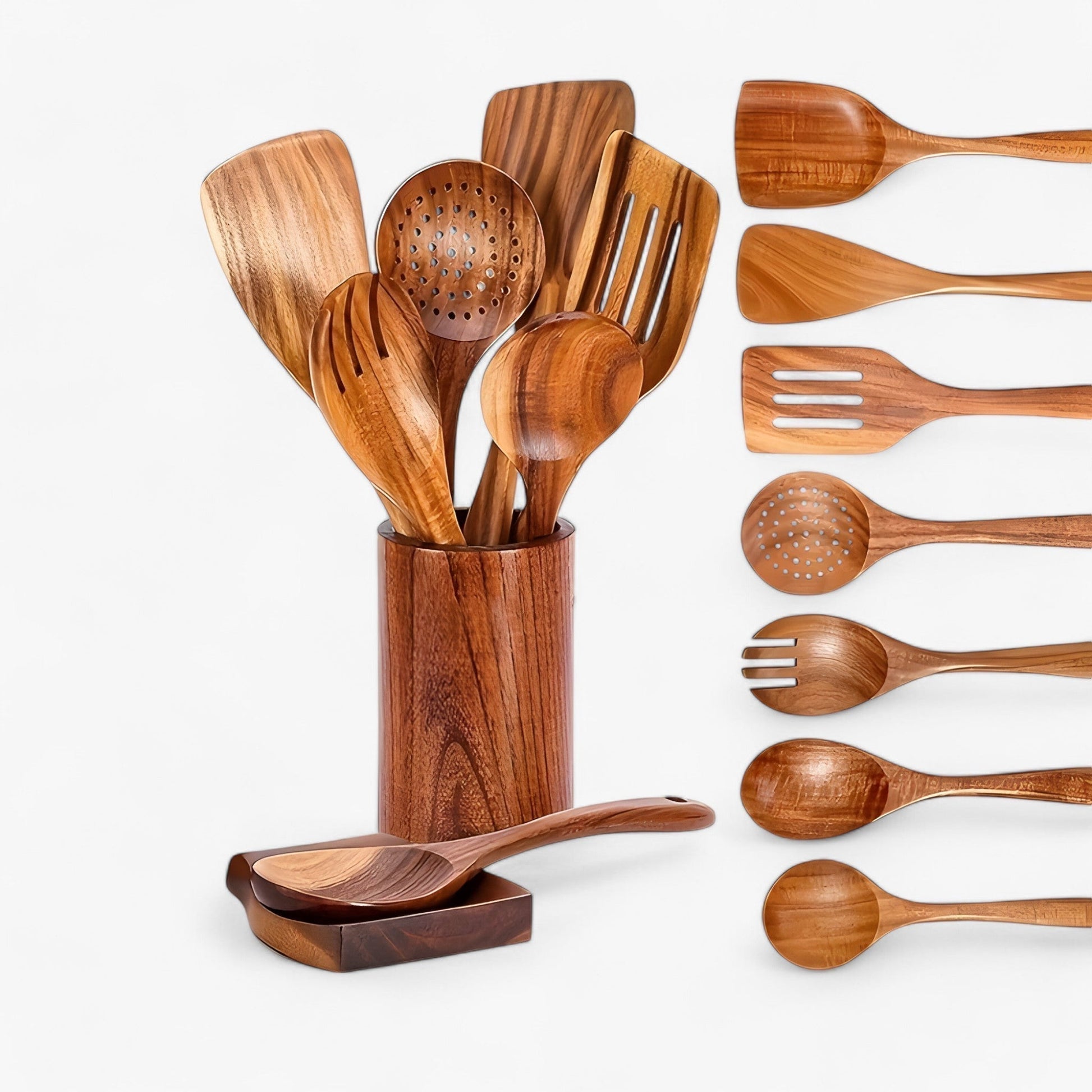 Elegant Teak Kitchen Utensil Set – 9 Pieces with Holder