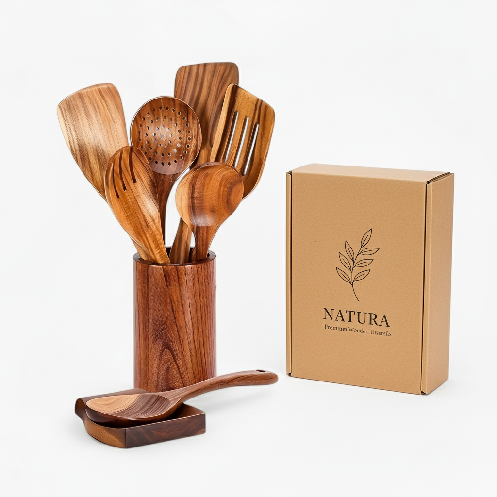 Elegant Teak Kitchen Utensil Set – 9 Pieces with Holder