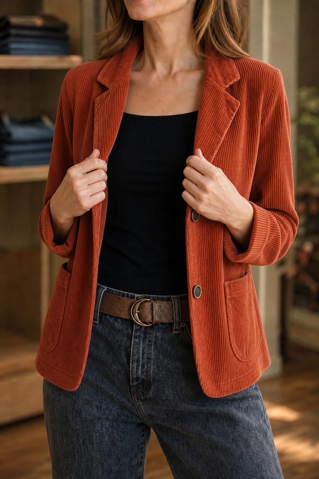 Fine Corduroy-Look Structured-Shoulder Jacket