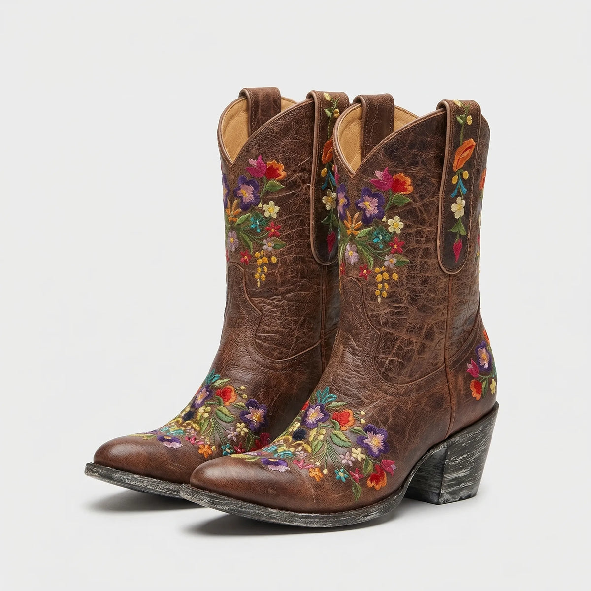 Floral Embroidered Western Ankle Boots