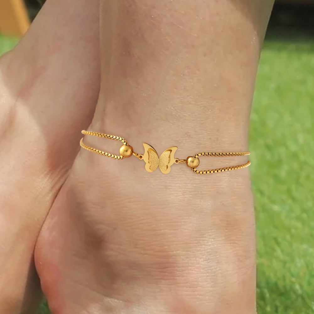 Gold Ankle Bracelet with Butterfly Charm – Stainless Steel Plated with 18-Carat Gold, Perfect for Everyday Wear
