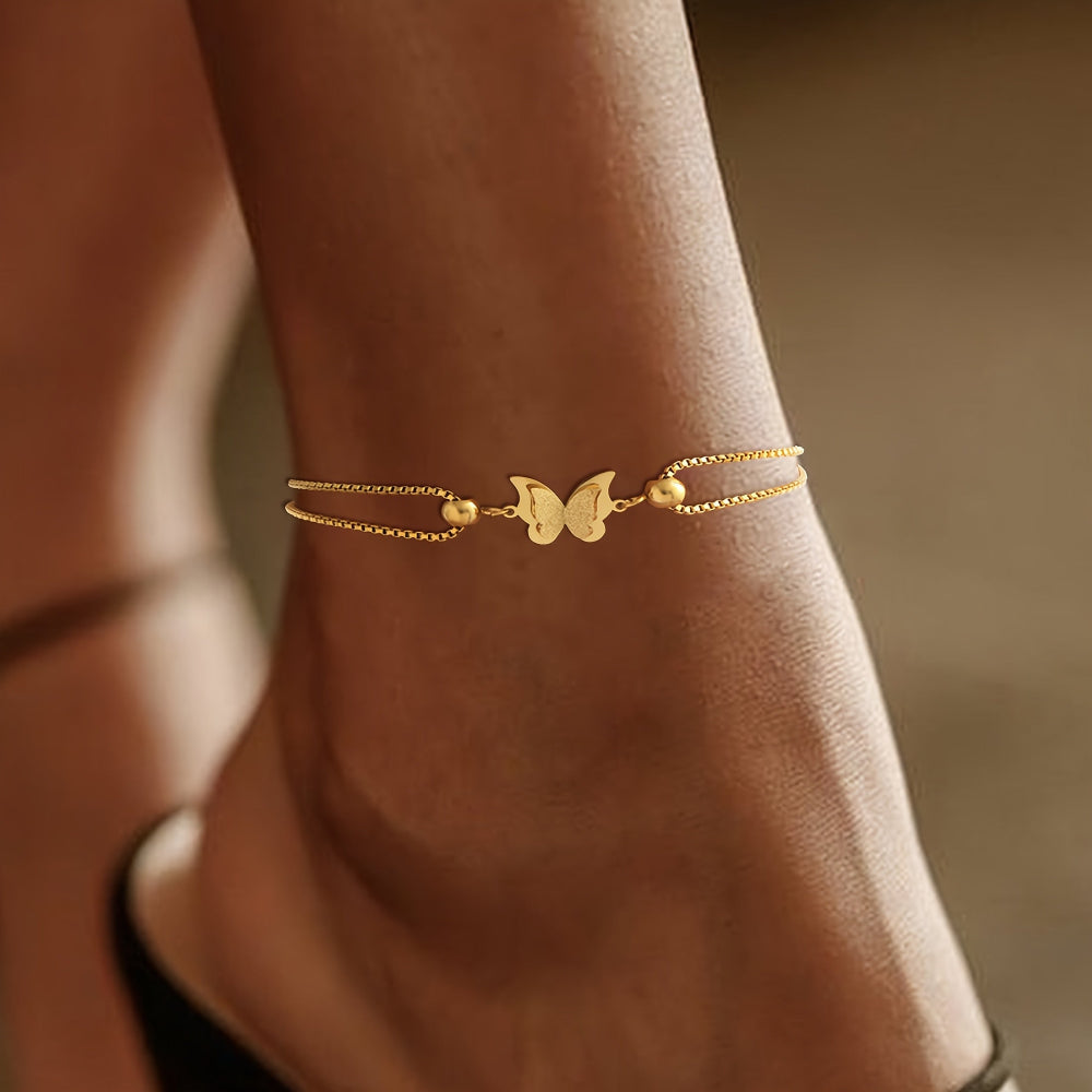 Gold Ankle Bracelet with Butterfly Charm – Stainless Steel Plated with 18-Carat Gold, Perfect for Everyday Wear
