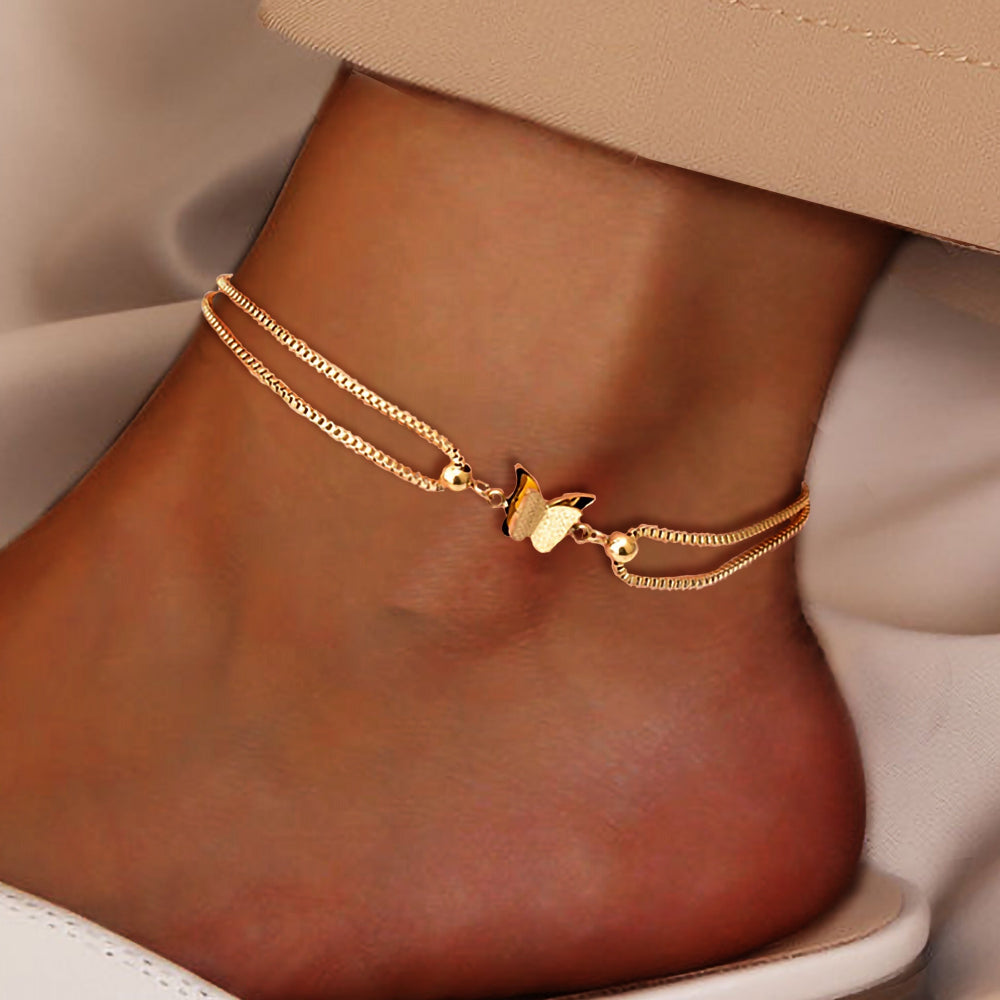Gold Ankle Bracelet with Butterfly Charm – Stainless Steel Plated with 18-Carat Gold, Perfect for Everyday Wear