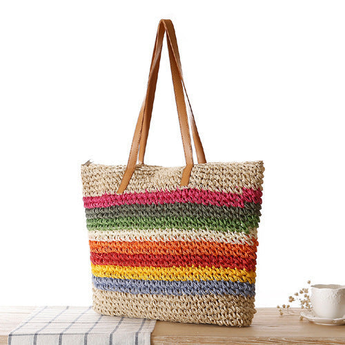 Handwoven Raffia Tote Bag with Colorful Stripes