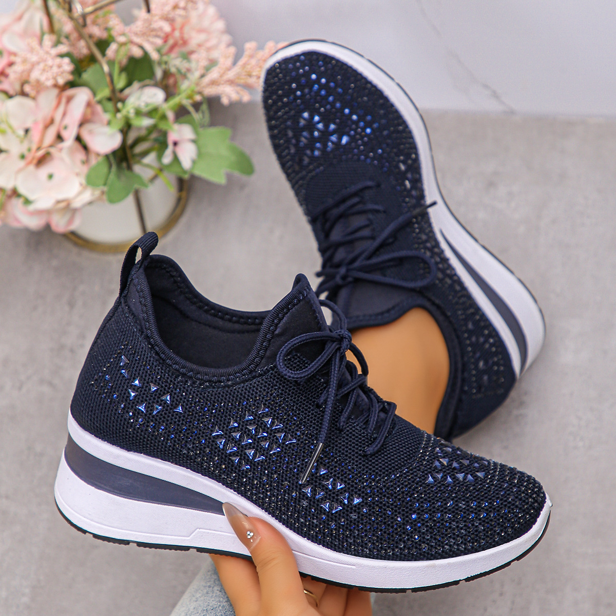 Happy™ Women Sneakers: Stylish Breathable Wedge Heel Women's Sneakers with Sparkling Rhinestones