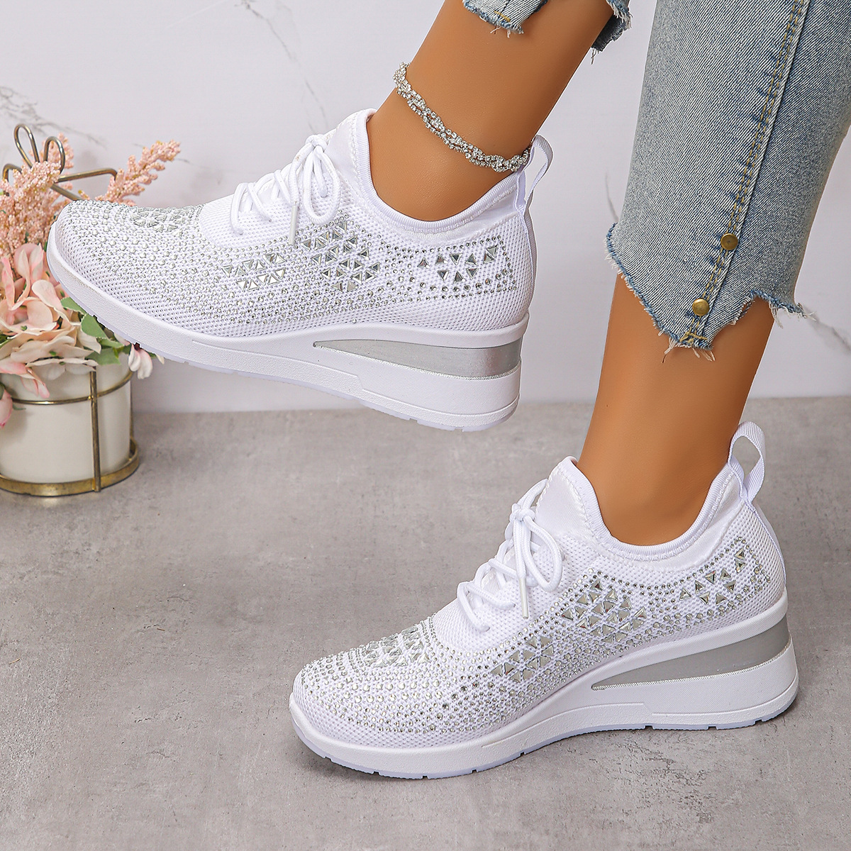 Happy™ Women Sneakers: Stylish Breathable Wedge Heel Women's Sneakers with Sparkling Rhinestones