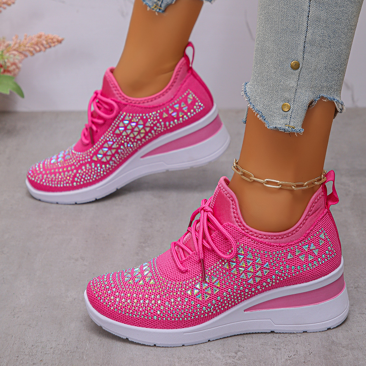 Happy™ Women Sneakers: Stylish Breathable Wedge Heel Women's Sneakers with Sparkling Rhinestones
