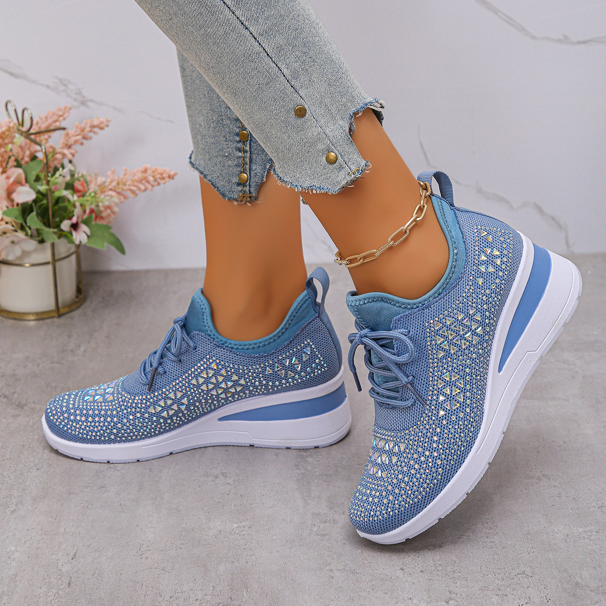 Happy™ Women Sneakers: Stylish Breathable Wedge Heel Women's Sneakers with Sparkling Rhinestones