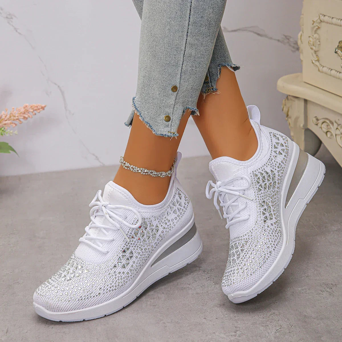 Happy™ Women Sneakers: Stylish Breathable Wedge Heel Women's Sneakers with Sparkling Rhinestones