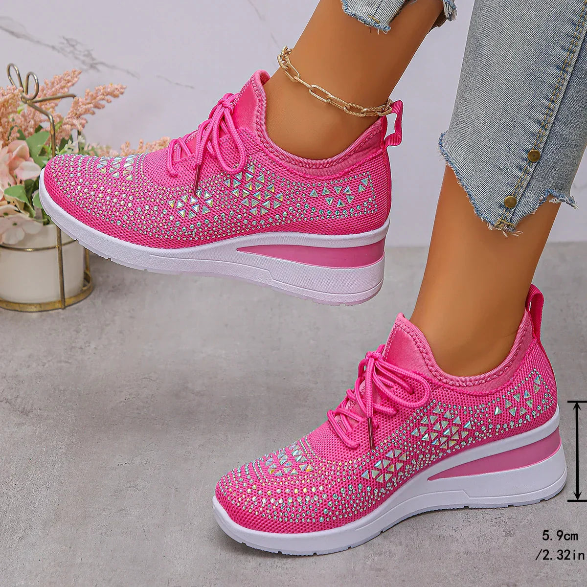 Happy™ Women Sneakers: Stylish Breathable Wedge Heel Women's Sneakers with Sparkling Rhinestones
