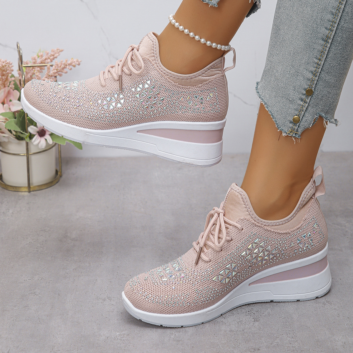 Happy™ Women Sneakers: Stylish Breathable Wedge Heel Women's Sneakers with Sparkling Rhinestones