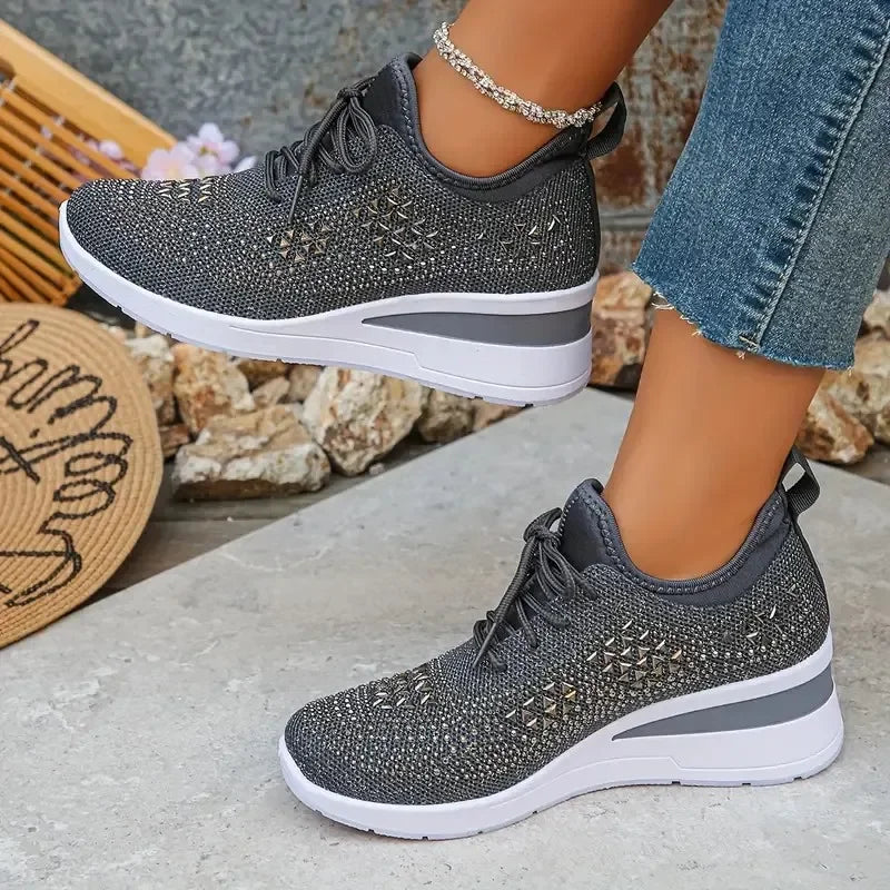 Happy™ Women Sneakers: Stylish Breathable Wedge Heel Women's Sneakers with Sparkling Rhinestones